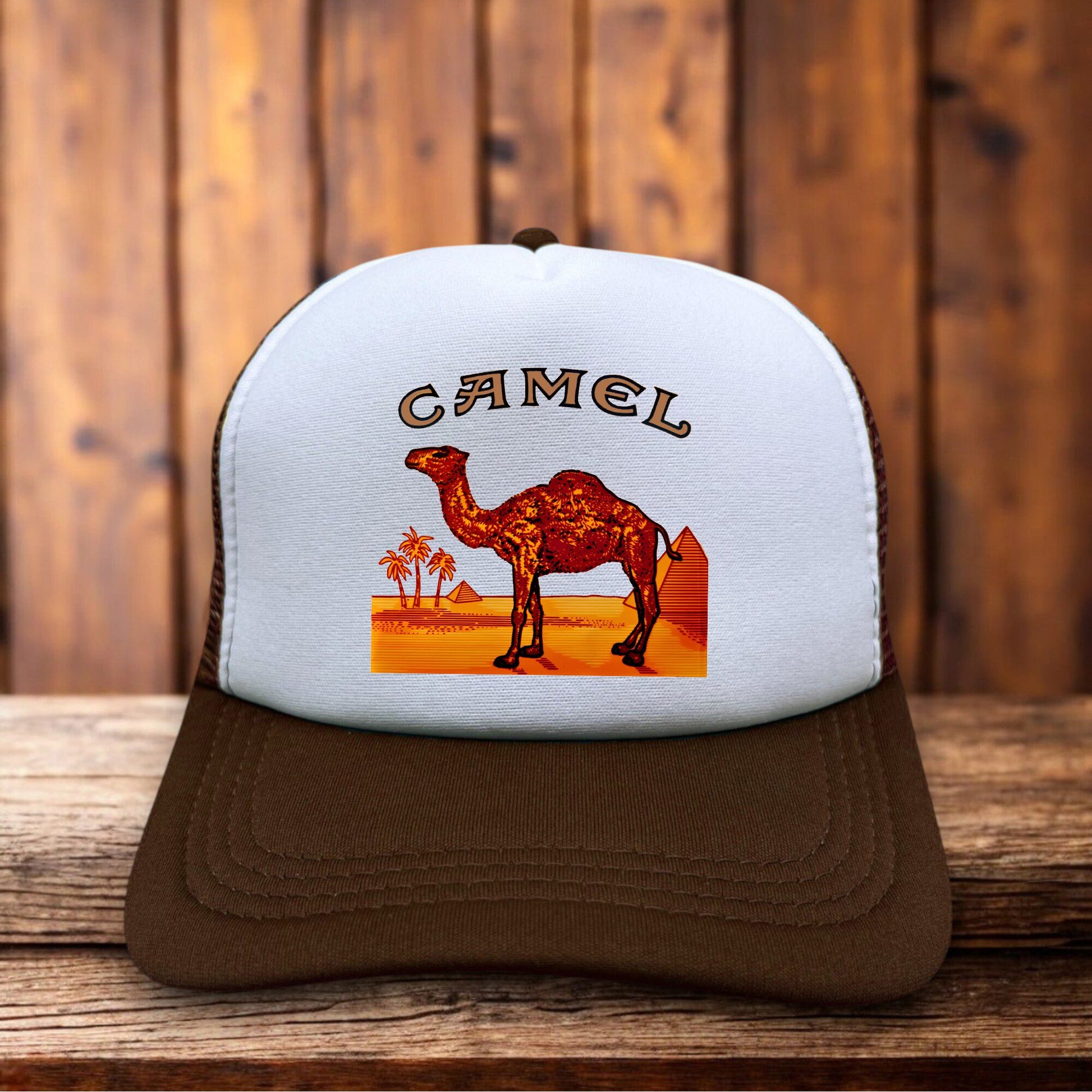 Retro Camel Cigarette logo hat with foam front and mesh back streetwear design