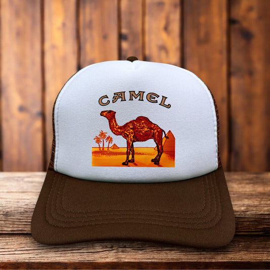 Retro Camel Cigarette logo hat with foam front and mesh back streetwear design
