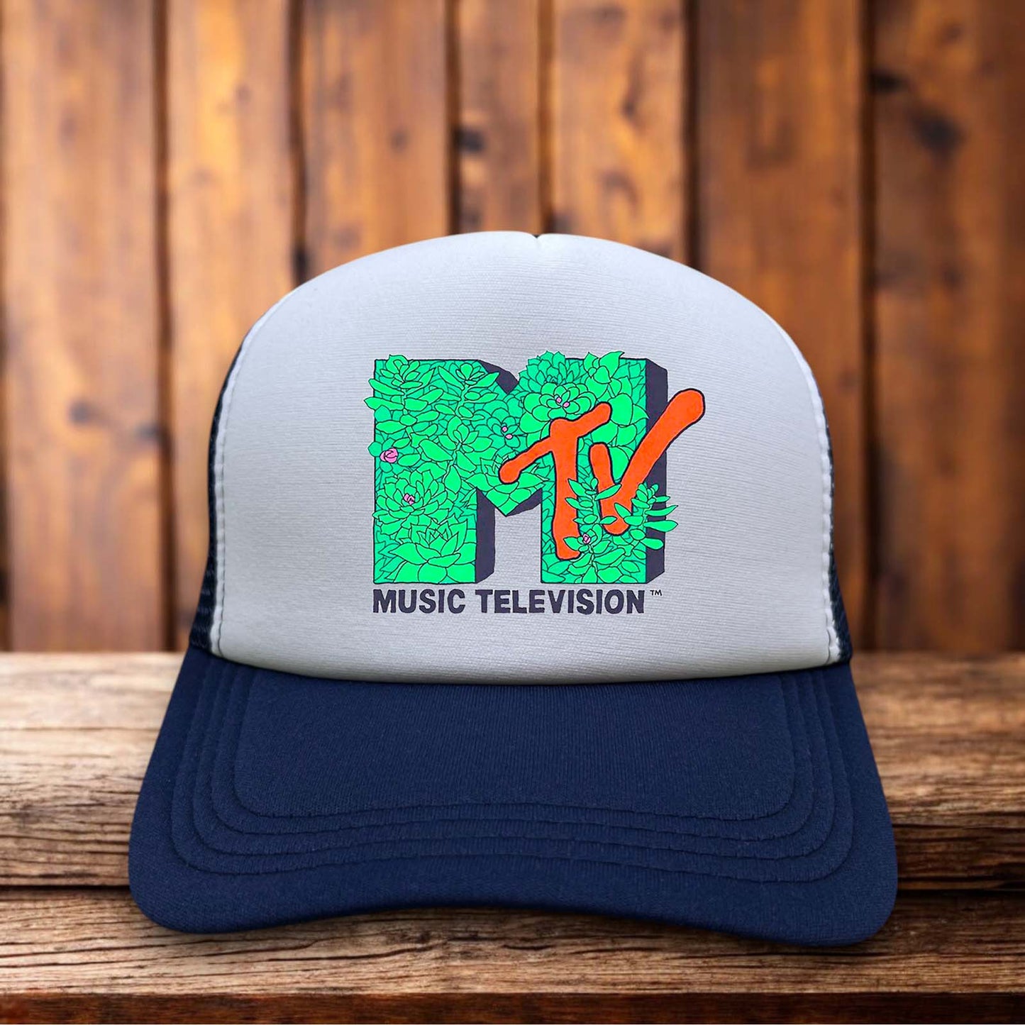 MTV Succulent Logo Retro Trucker Hat with botanical MTV design on gray and navy snapback by Retro Roots Headwear
