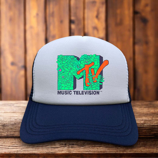 MTV Succulent Logo Retro Trucker Hat with botanical MTV design on gray and navy snapback by Retro Roots Headwear
