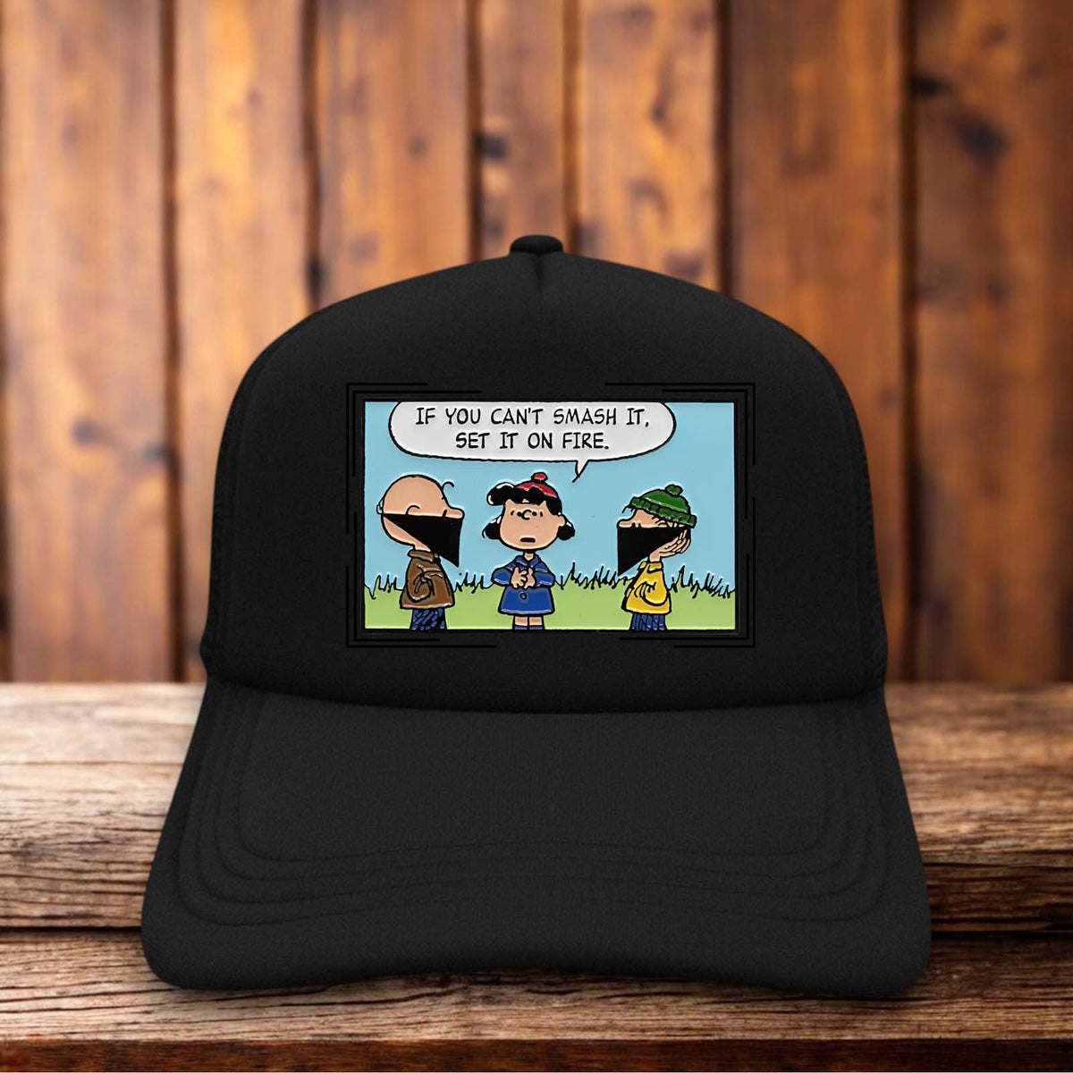 If You Can't Smash It Set It On Fire Peanuts Mashup Anarchy Trucker Hat comic strip rebellion snapback by Retro Roots Headwear
