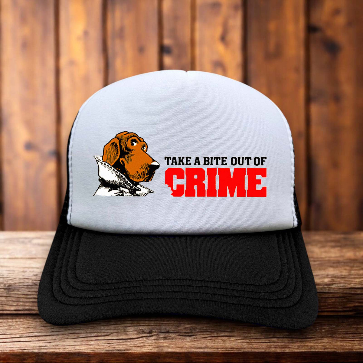 Take A Bite Of Crime Vintage Advertisement Retro Trucker Hat McGruff the crime dog snapback by Retro Roots Headwear
