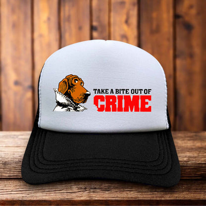 Take A Bite Of Crime Vintage Advertisement Retro Trucker Hat McGruff the crime dog snapback by Retro Roots Headwear
