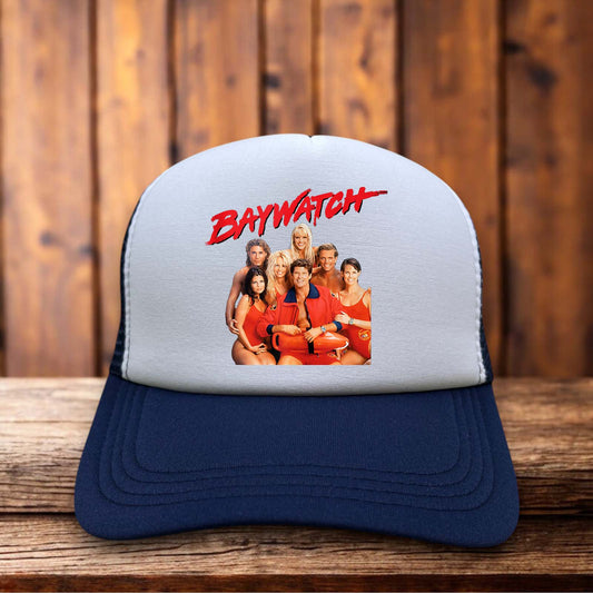 Baywatch 80s lifeguard TV show vintage design on a black and white mesh retro trucker hat
