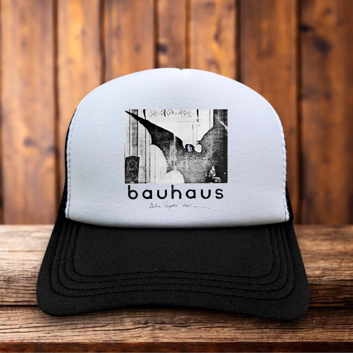 Bauhaus 80s goth rock vintage design on a black and white mesh retro trucker hat
