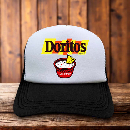 Doritos Cool Ranch Retro Trucker Hat with vintage snack‑food logo on classic snapback by Retro Roots Headwear
