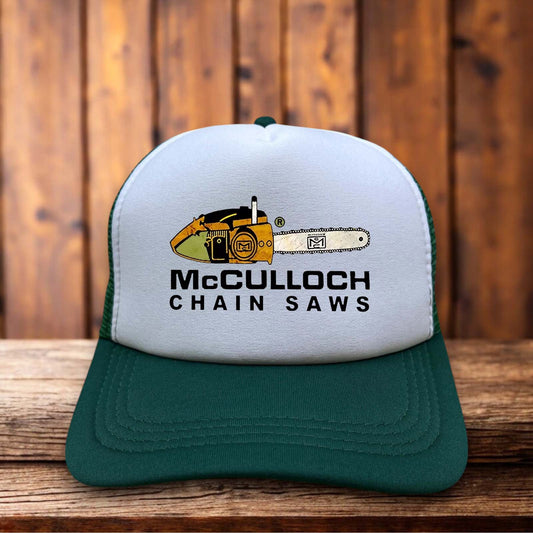 McCulloch Chainsaws Retro Trucker Hat green power tool logging vintage snapback by Retro Roots Headwear
