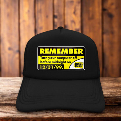 Best Buy Y2K turn off your computers vintage retail design on a black and white mesh retro trucker hat
