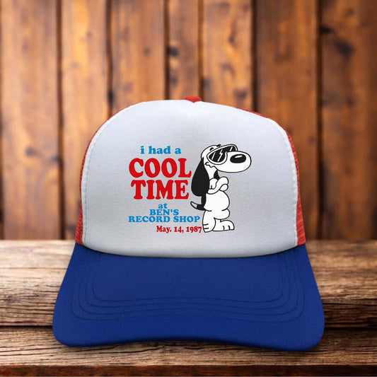 Snoopy Ben's Record Shop 1997 retro trucker hat with vintage music store graphic on navy and white snapback cap by Retro Roots Headwear