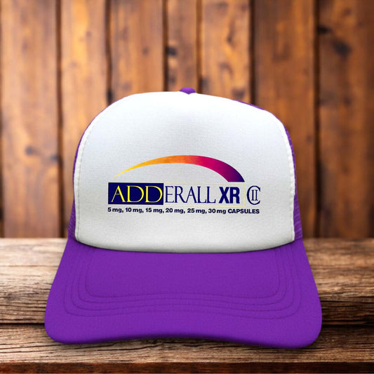 Adderall XR parody retro advertisement design on a black and white mesh retro trucker hat
