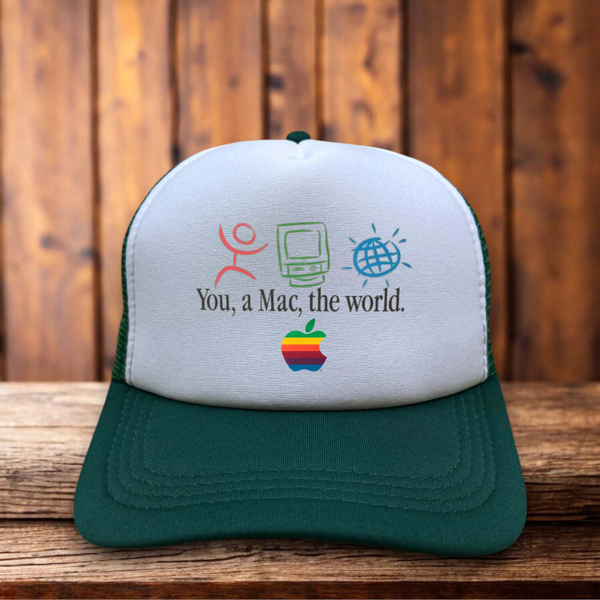 Apple Macintosh computer 80s vintage advertisement design on a black and white mesh retro trucker hat
