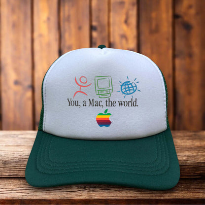 Apple Macintosh computer 80s vintage advertisement design on a black and white mesh retro trucker hat
