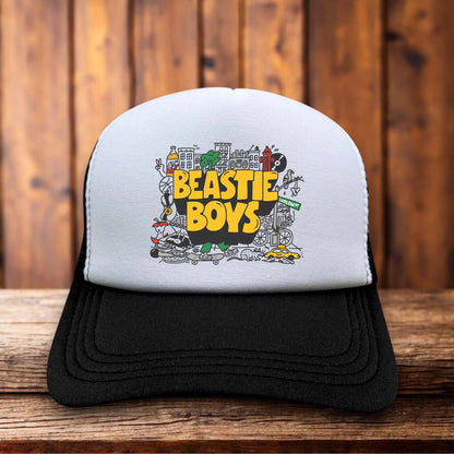 Beastie Boys NYC 90s hip hop vintage street style design on a black and white mesh retro trucker hat
