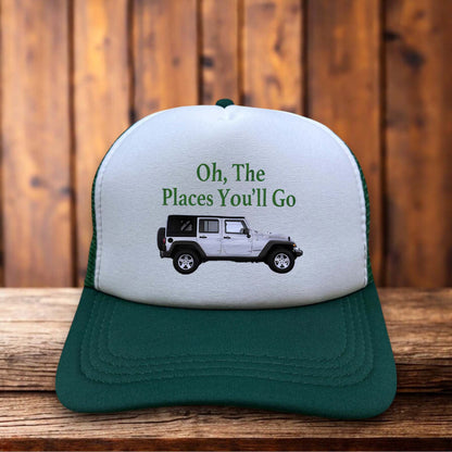 Jeep Wrangler Oh The Places You'll Go Mashup Trucker Hat with retro adventure graphic on classic snapback by Retro Roots Headwear
