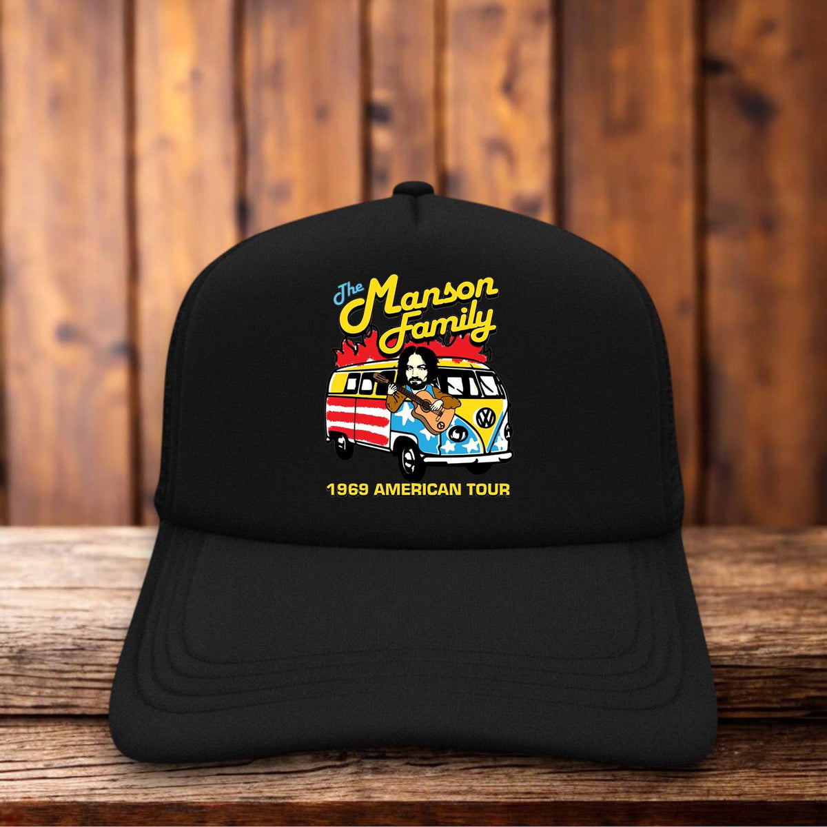 The Manson Family 1969 American Tour Retro Trucker Hat dark Americana snapback by Retro Roots Headwear
