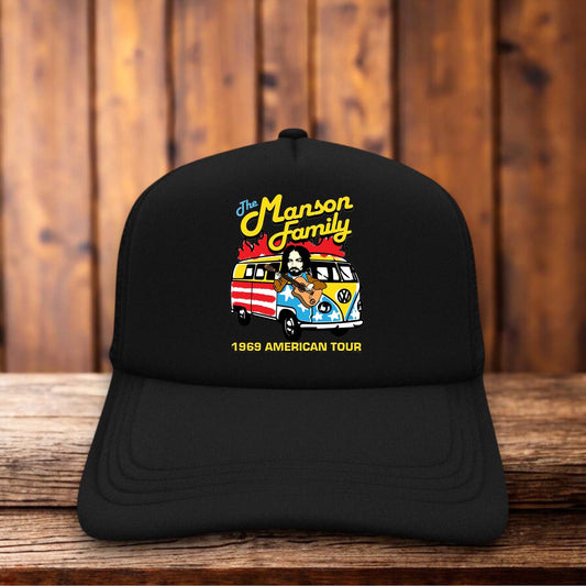 The Manson Family 1969 American Tour Retro Trucker Hat dark Americana snapback by Retro Roots Headwear
