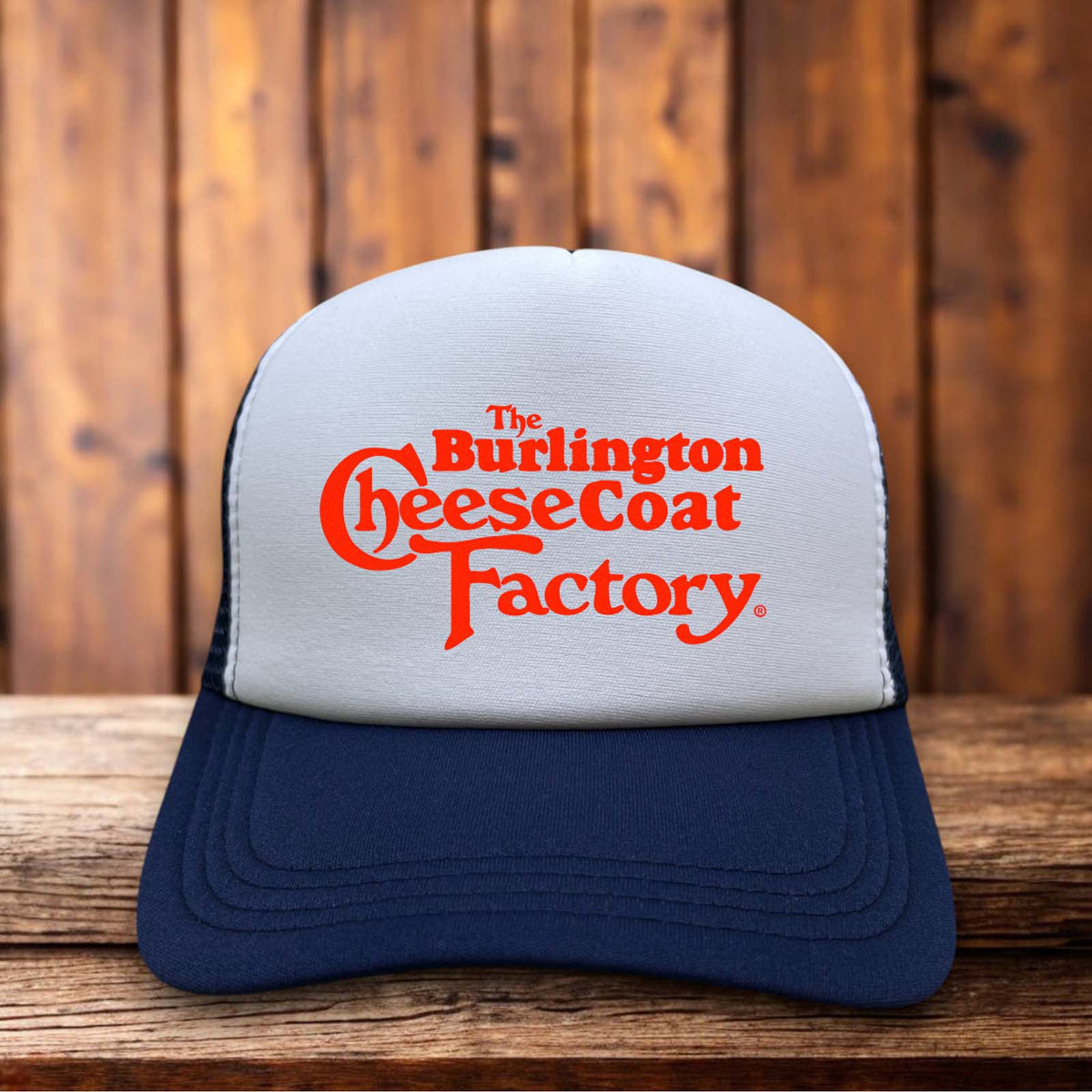 The Burlington Cheesecoat Factory Parody Retro Trucker Hat funny retail satire snapback by Retro Roots Headwear
