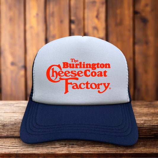 The Burlington Cheesecoat Factory Parody Retro Trucker Hat funny retail satire snapback by Retro Roots Headwear
