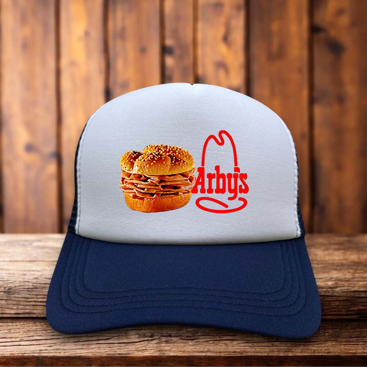 Arby's We've Got The Meat 80s logo vintage design on a black and white mesh retro trucker hat
