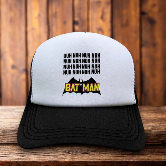 Batman Duh Nuh Nuh Nuh Mens 1950s superhero comic vintage design on a black and white mesh retro trucker hat
