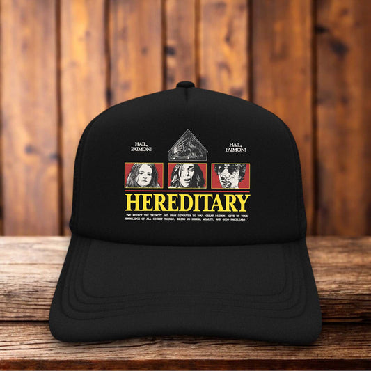 Retro trucker hat with a structured foam front featuring a minimalist design inspired by the film Hereditary in vintage-style typography.