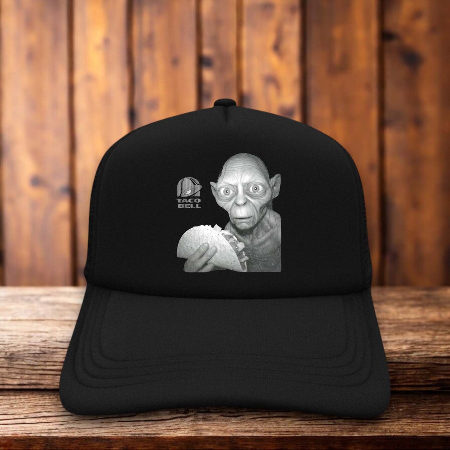 A parody trucker hat featuring a mashup of Gollum and the Taco Bell bell logo.