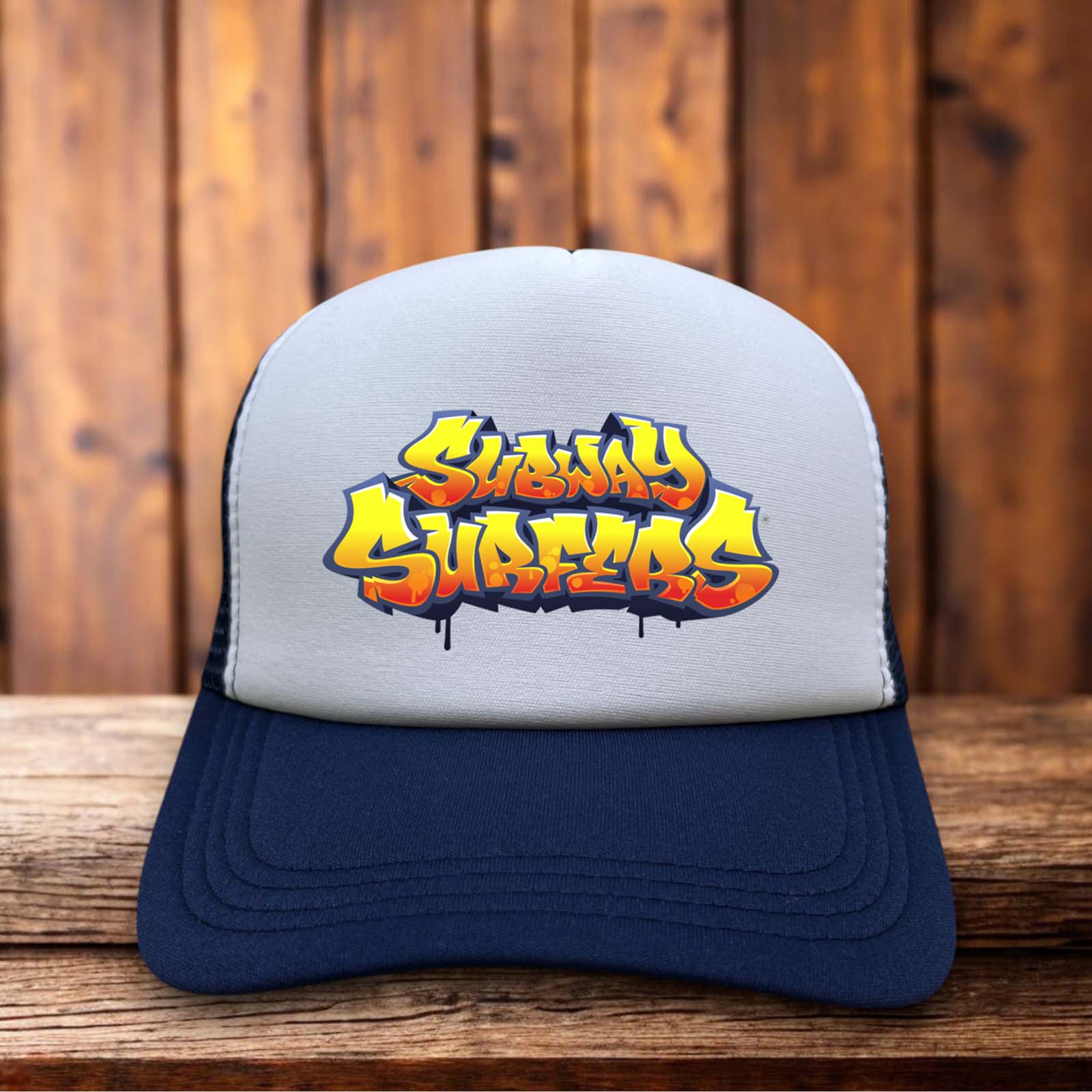 A navy blue foam trucker hat featuring the iconic Subway Surfers logo.
