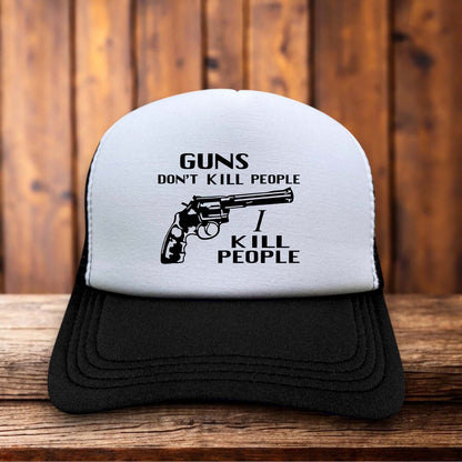 Happy Gilmore guns don't kill people trucker hat with retro movie quote graphic