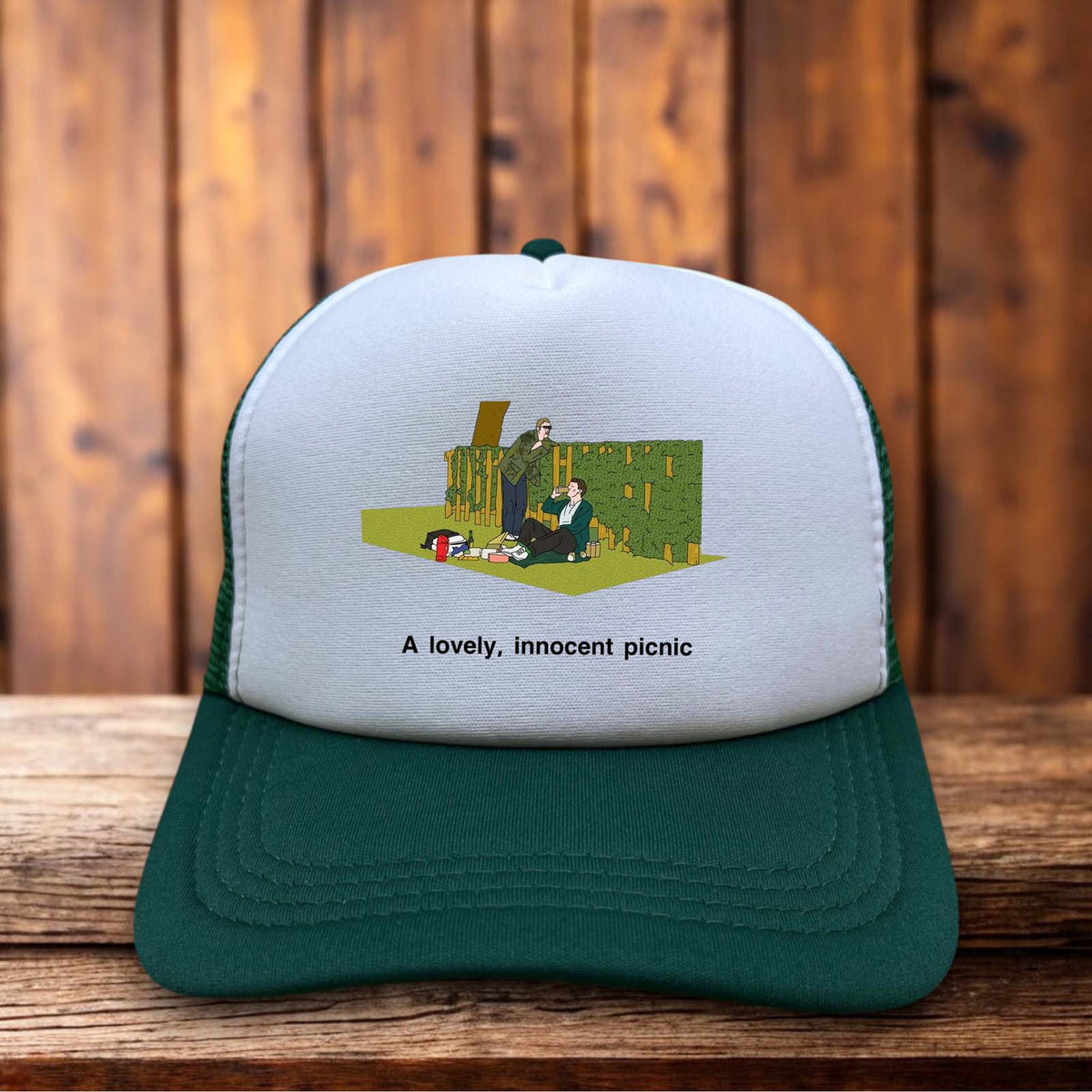 A Lovely Innocent Picnic Peep Show Retro Trucker Hat Mark Jez British comedy snapback by Retro Roots Headwear
