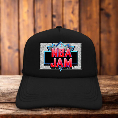 NBA Jam 90s Video Game Trucker Hat flaming basketball vintage arcade snapback by Retro Roots Headwear