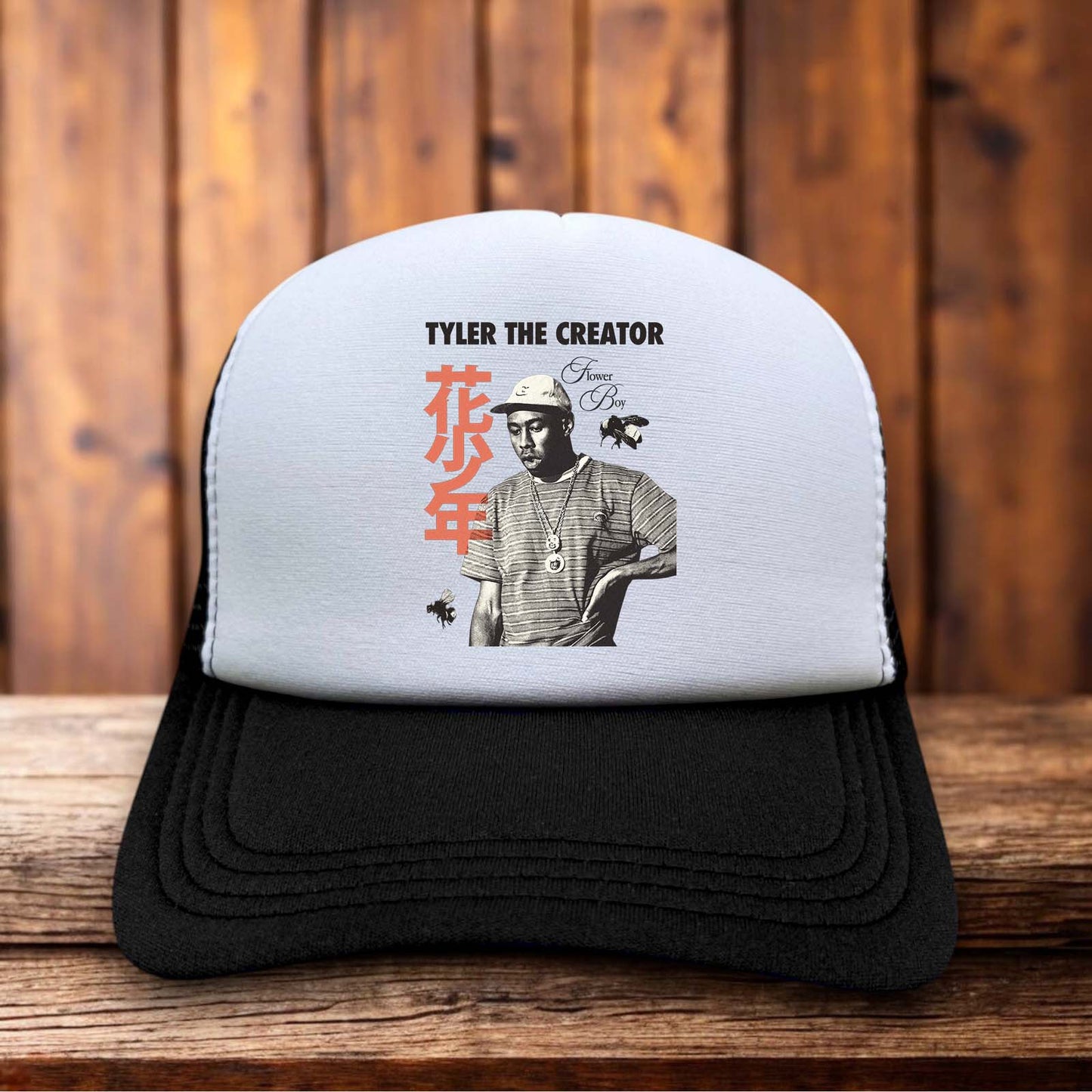 Tyler The Creator Japanese Kanji Flower Boy Trucker Hat retro album design snapback by Retro Roots Headwear
