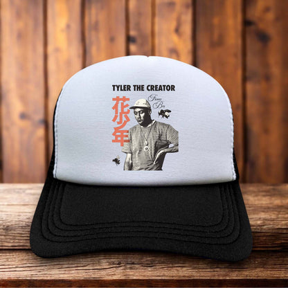 Tyler The Creator Japanese Kanji Flower Boy Trucker Hat retro album design snapback by Retro Roots Headwear
