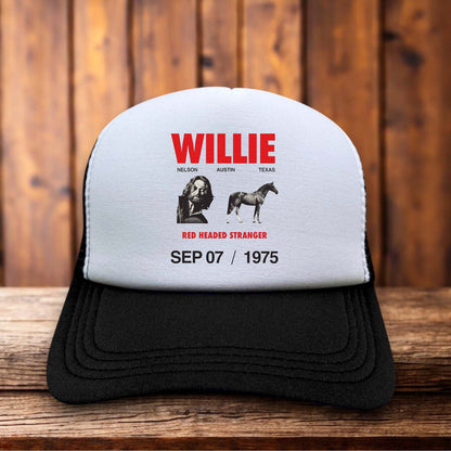 Willie Nelson Red Headed Stranger Trucker Hat vintage outlaw country design retro snapback by Retro Roots Headwear
