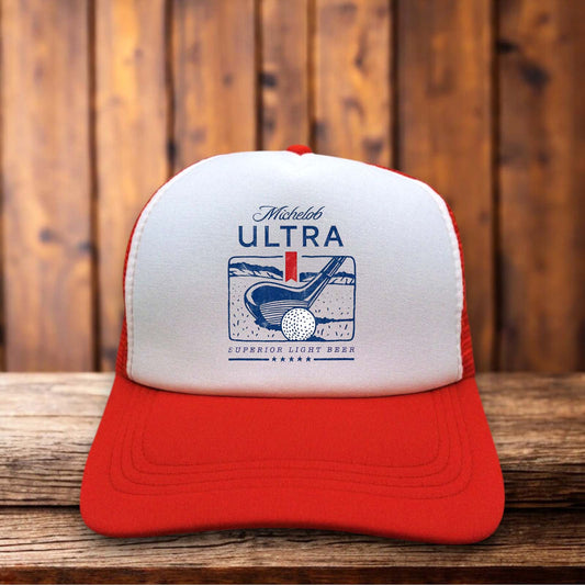 Red and white retro trucker hat featuring the Michelob Ultra Golf logo on a structured foam front.