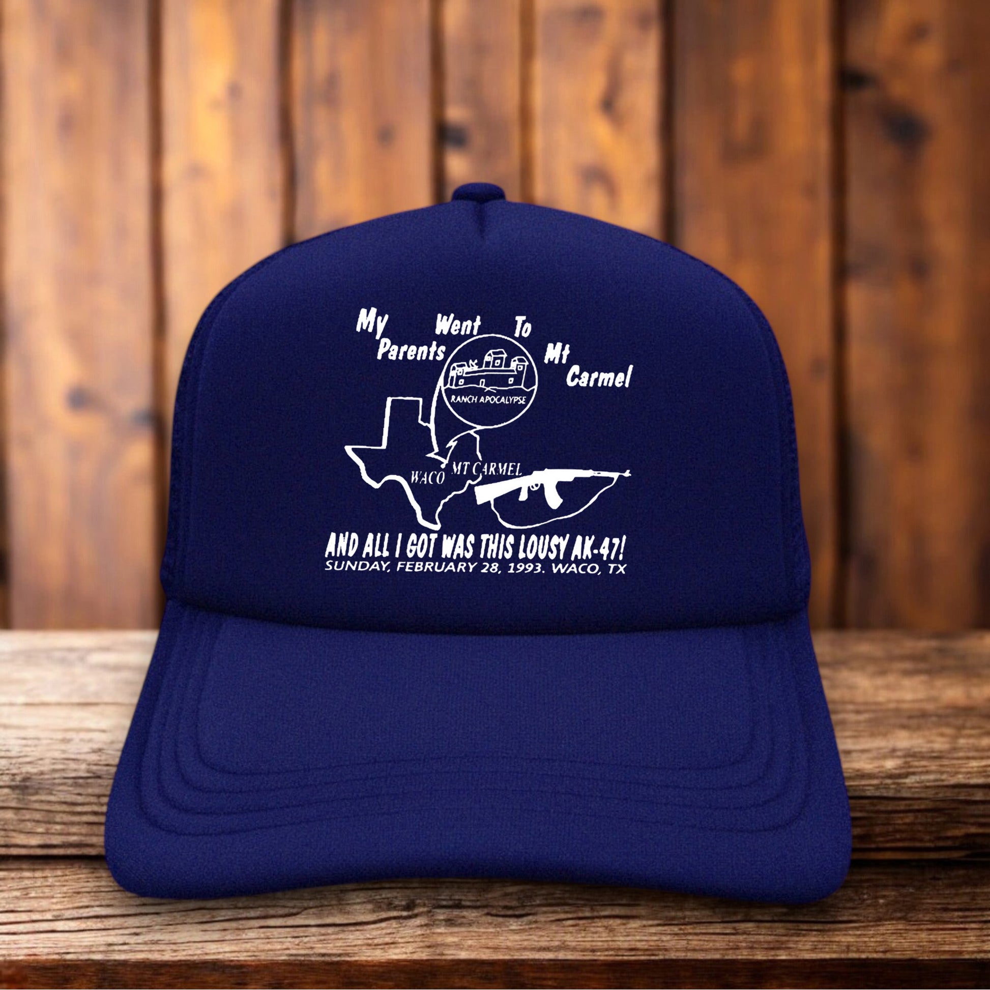 1993 Waco Siege Mt. Carmel Ranch Trucker Hat vintage historical Americana design retro snapback by Retro Roots Headwear
