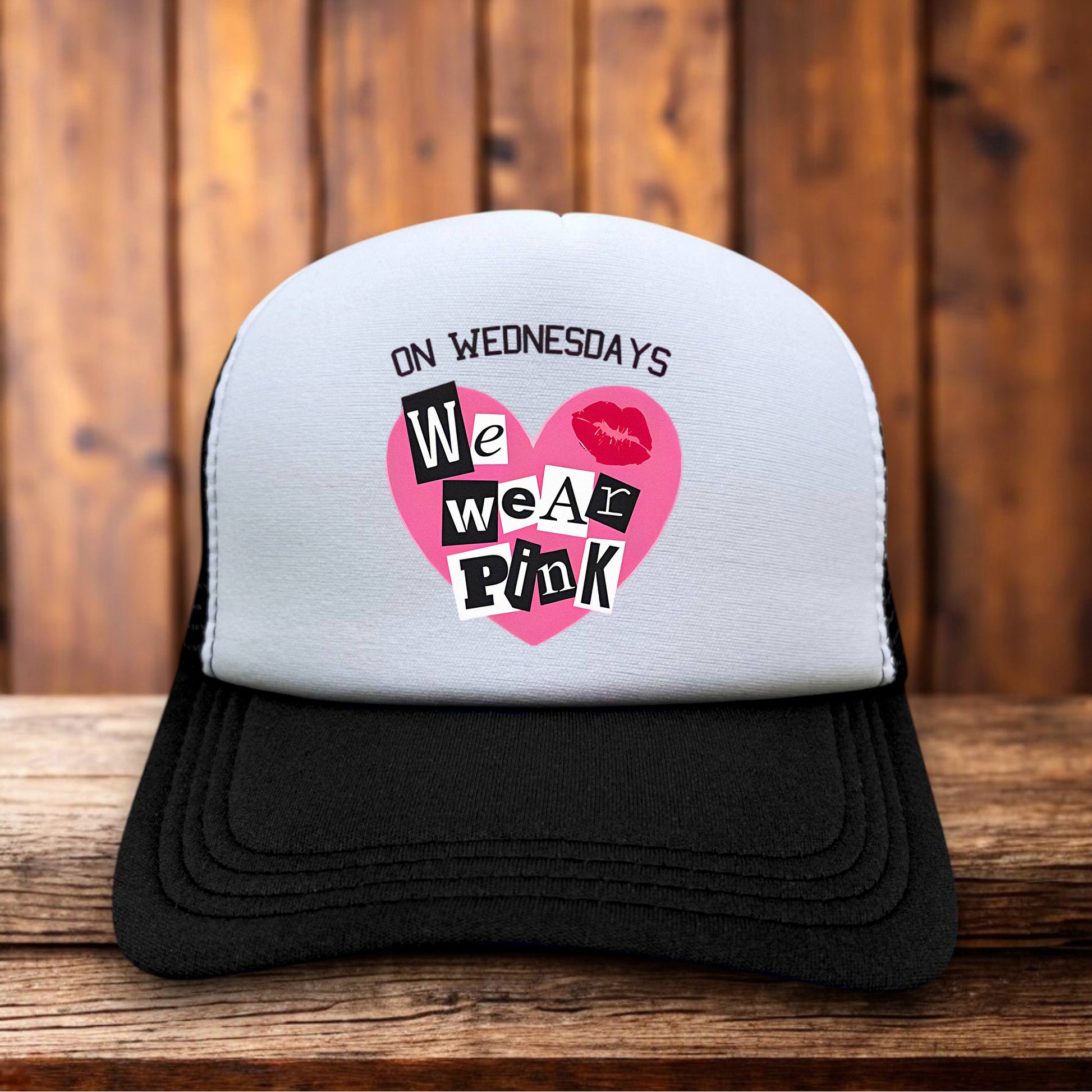 Mean Girls On Wednesdays We Wear Pink Trucker Hat retro movie quote design snapback by Retro Roots Headwear
