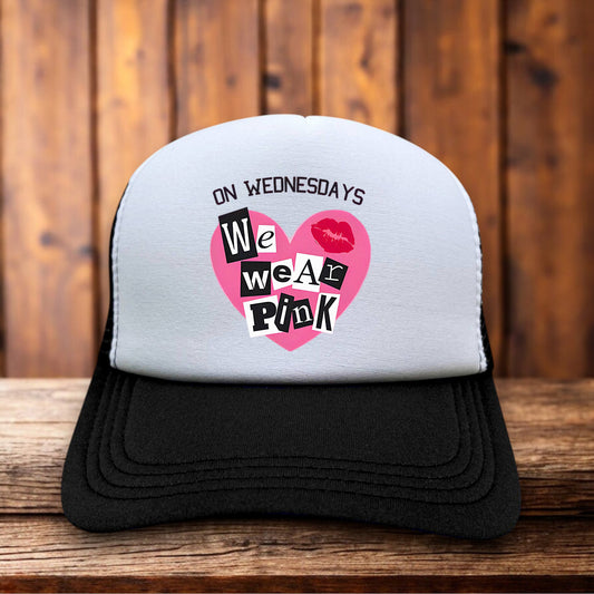 Mean Girls On Wednesdays We Wear Pink Trucker Hat retro movie quote design snapback by Retro Roots Headwear

