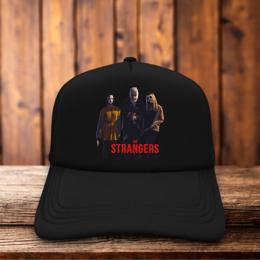 The Strangers 2008 horror movie vintage design on a black and white mesh retro trucker hat by Retro Roots Headwear
