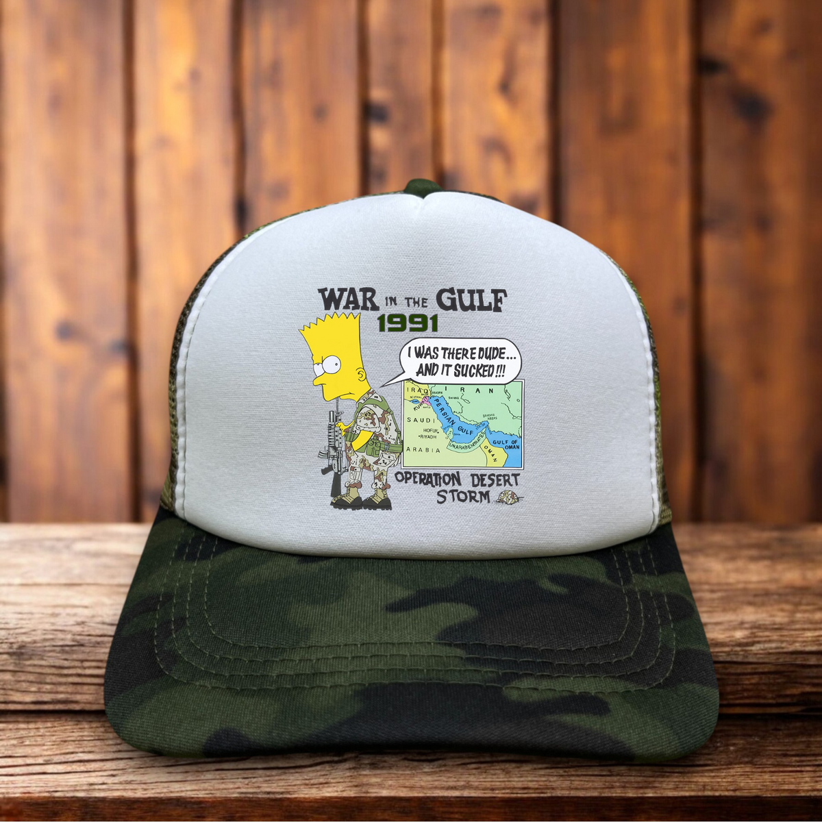 Bart Simpson War In The Gulf 1991 Operation Desert Storm Mens Trucker Hat Camo