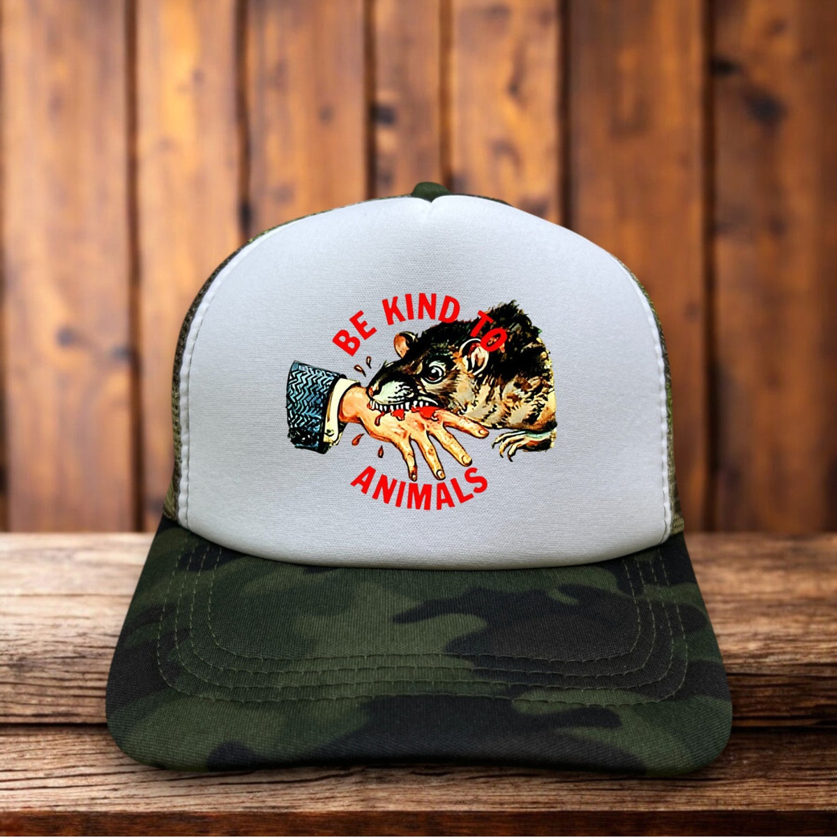 Be Kind To Animals Rat Bite Humane Society Retro Trucker Hat dark humor graphic snapback by Retro Roots Headwear
