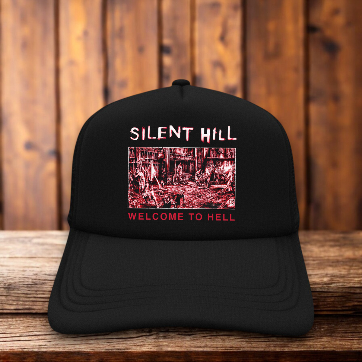 Silent Hill Welcome To Hell Y2K Horror Retro Video Game Trucker Hat video game snapback by Retro Roots Headwear
