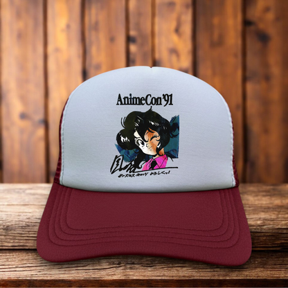 AnimeCon '91 rare manga convention logo vintage design on a black and white mesh retro trucker hat

