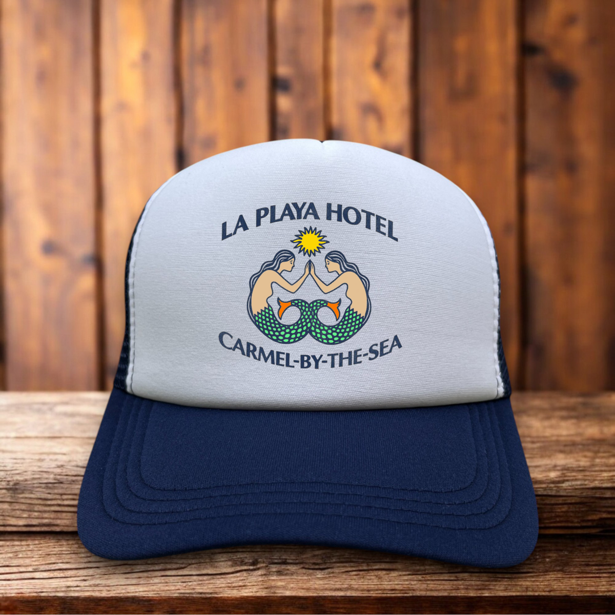 La Playa Hotel Carmel By The Sea Retro Snapback Trucker Hat vintage hotel travel snapback by Retro Roots Headwear

