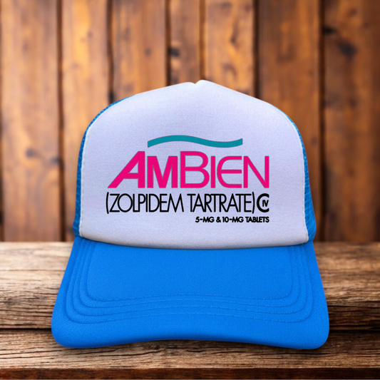 Ambien parody sleepy pharmaceutical vintage design on a black and white mesh retro trucker hat
