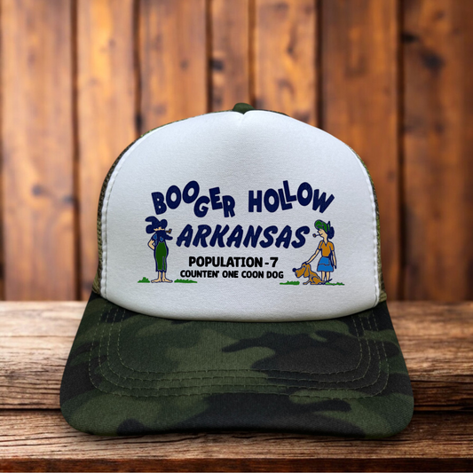 Booger Hollow Arkansas One Coon Dog Hillbilly Retro Trucker Hat vintage roadside attraction snapback by Retro Roots Headwear
