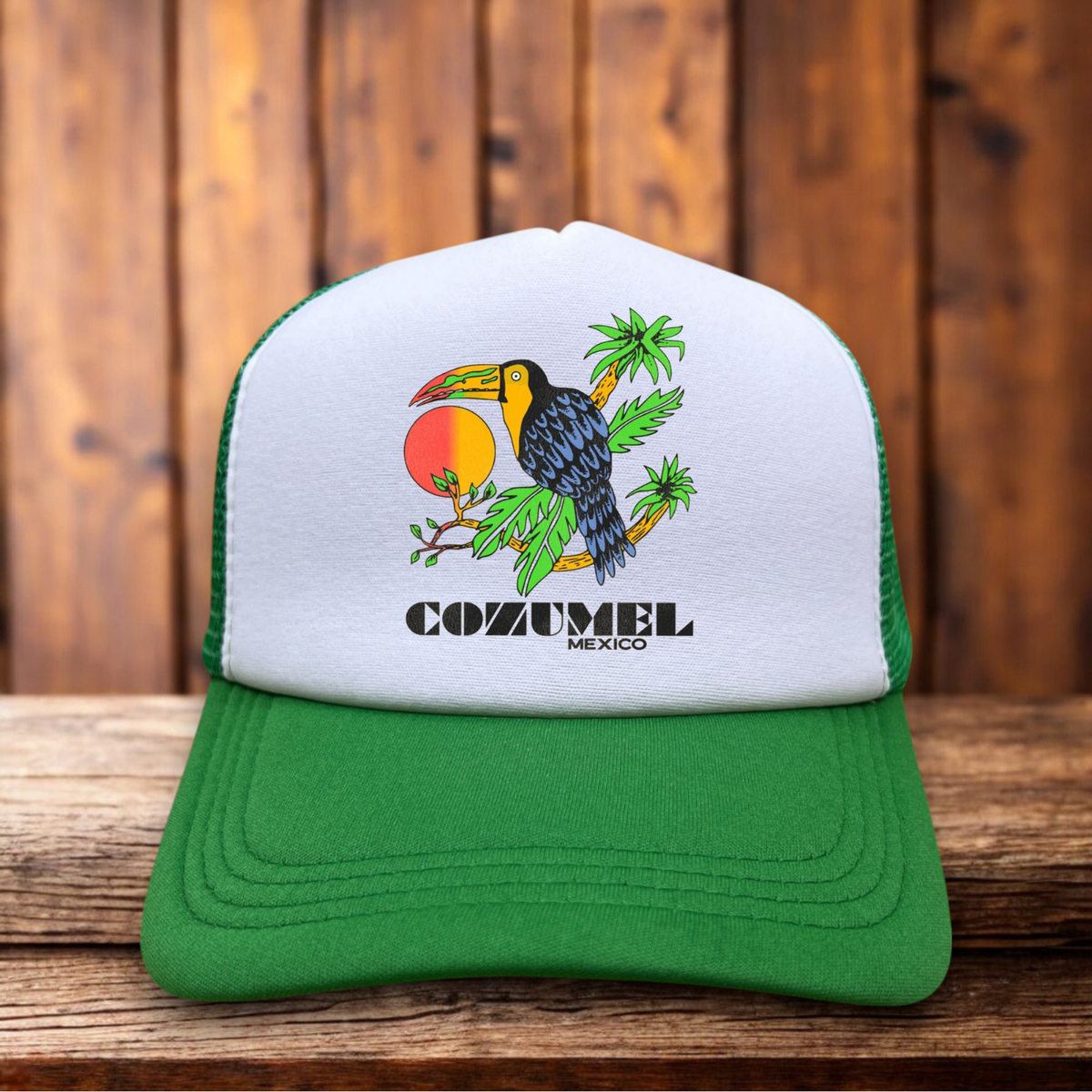 Cozumel Mexico Toucan Exotic Beach Club Retro Trucker Hat vintage tropical vacation snapback by Retro Roots Headwear

