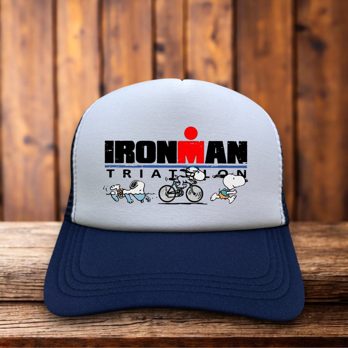 Snoopy Peanuts Ironman Triathlon Mashup Retro Trucker Hat vintage comic athletic snapback by Retro Roots Headwear
