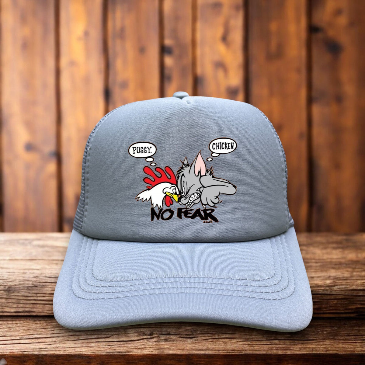 No Fear Motocross Pussy Vs. Chicken Vintage 90s Retro Trucker Hat extreme sports snapback by Retro Roots Headwear
