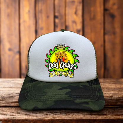 Bad Brains God Of Love 70s reggae vintage design on a black and white mesh retro trucker hat
