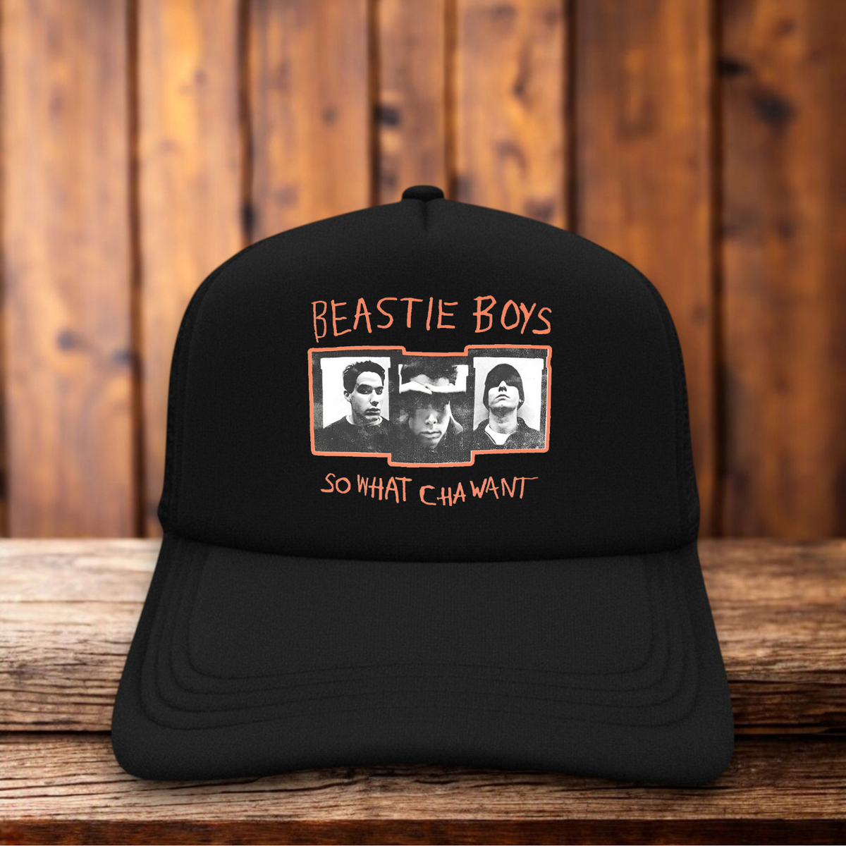 Beastie Boys So Whatcha Want 1992 hip hop vintage design on a black and white mesh retro trucker hat
